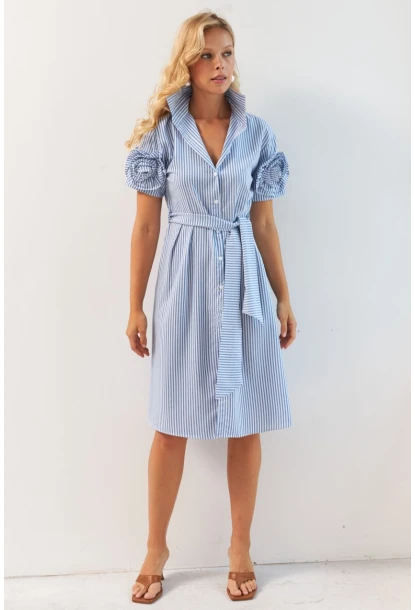 Kadın Mavi Gül Detaylı Midi Gömlek Elbise SF12812