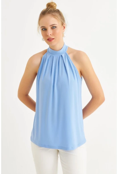 Kadın Mavi Halter Yaka Desenli Bluz LPP1273