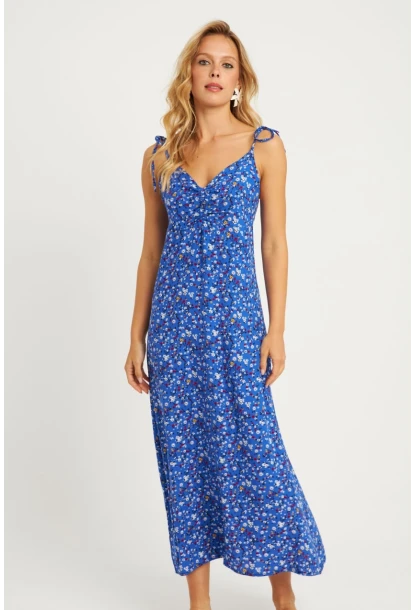 Kadın Mavi İp Askılı Çiçekli Midi Elbise GÇ172