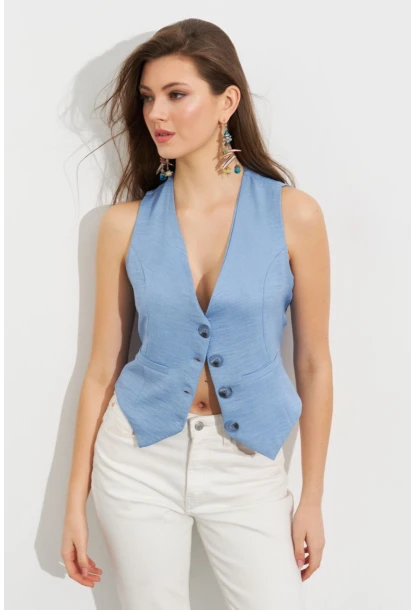 Kadın Mavi Keten Astarlı Yelek TW60046