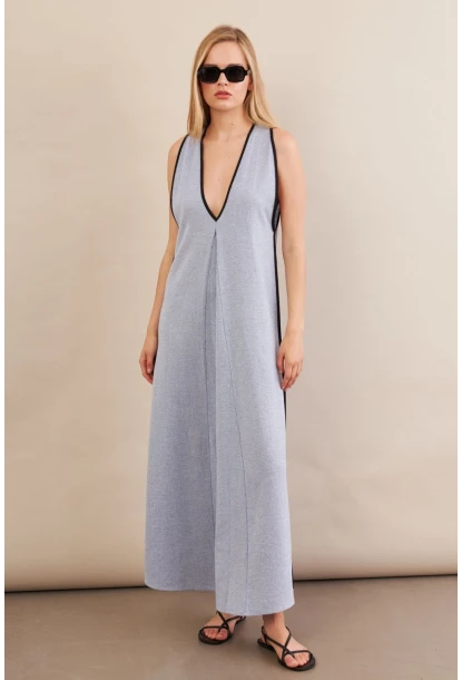 Kadın Mavi Kontrast Çizgili Maxi Keten Elbise MSİ101