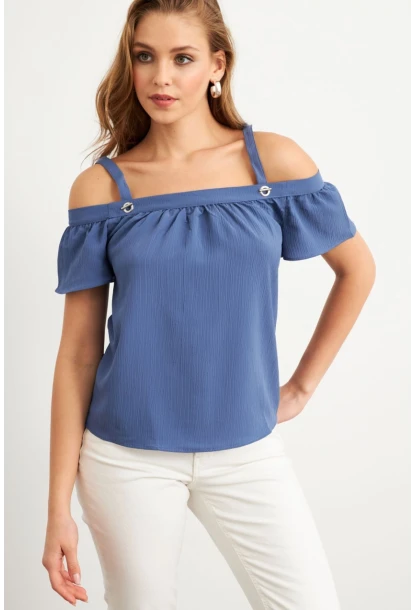 Kadın Mavi Kontrast Kollu Bürümcük Bluz RX452