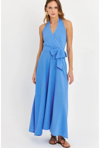 Kadın Mavi Kruvaze Bürümcük Maxi Elbise EY3053