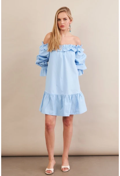 Kadın Mavi Madonna Yaka Midi Elbise PSG1012