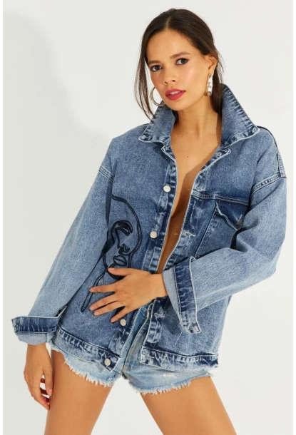 Kadın Mavi Nakışlı Kot Ceket İS801