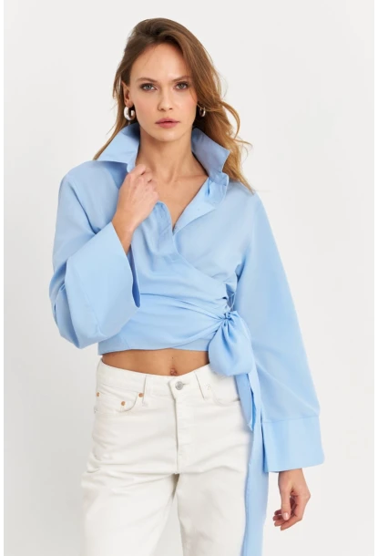 Kadın Mavi Önü Bağlamalı İspanyol Kol Gömlek MON142