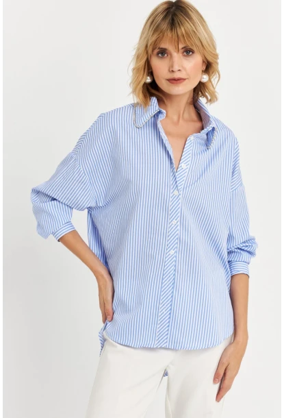 Kadın Mavi Taş Detaylı Çizgili Gömlek KED4088