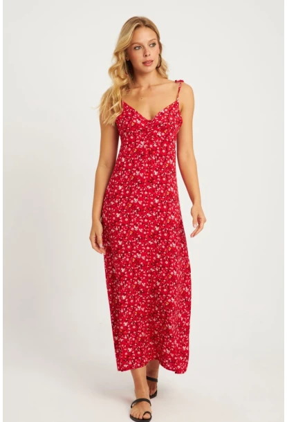 Kadın Mercan İp Askılı Çiçekli Midi Elbise GÇ172