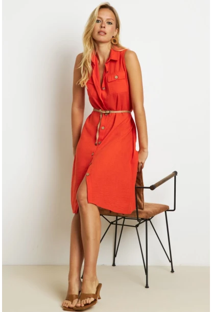 Kadın Mercan Kemerli Gömlek Midi Elbise SGT404