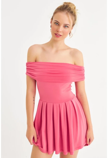 Kadın Mercan Madonna Yaka Mini Elbise MON1262-1