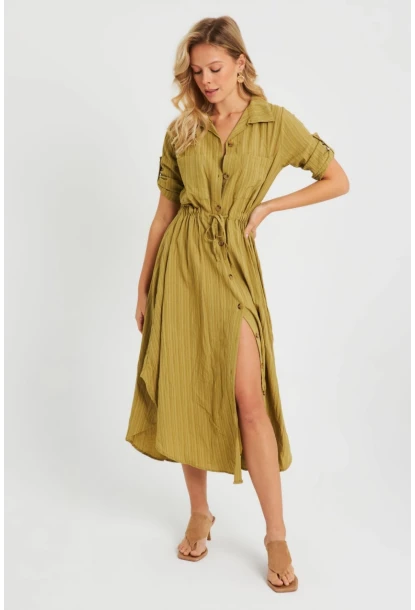 Kadın Midi Gömlek Elbise Haki Q984