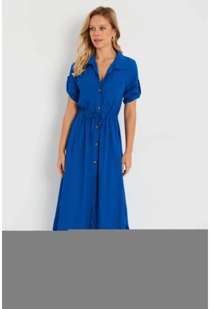 Kadın Midi Gömlek Elbise Saks Q984