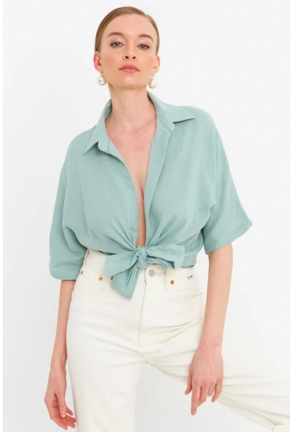Kadın Mint Bağlamalı Keten Bluz BTH16