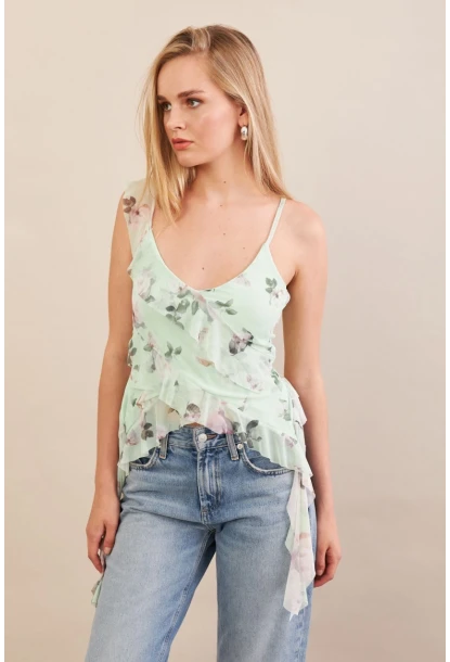 Kadın Mint Desenli Fırfırlı Şifon Bluz FS033