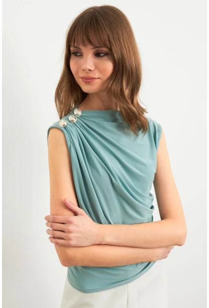 Kadın Mint Düğme Detaylı Büzgülü Bluz LPP1205-1