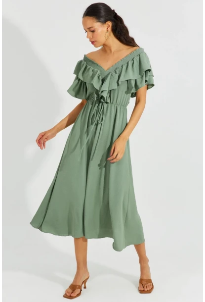 Kadın Mint Ön Arka V Volanlı Elbise KS113