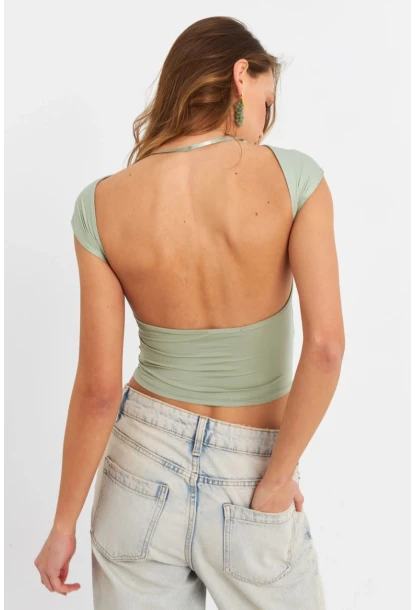 Kadın Mint Sırtı Açık Crop Bluz ZH083