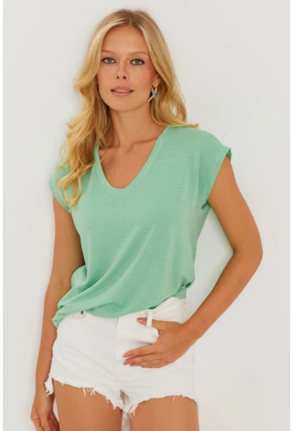 Kadın Mint V Yaka Simli Bluz RX436