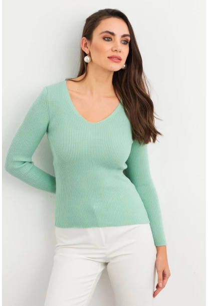 Kadın Mint V Yaka Triko Bluz YV284