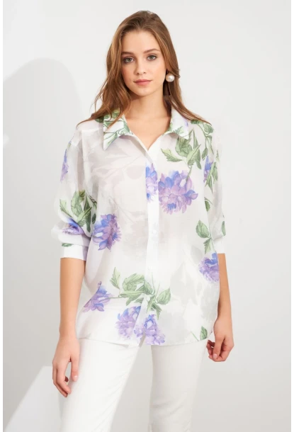 Kadın Mor Çiçek Desenli İnce Keten Gömlek MCAR1068