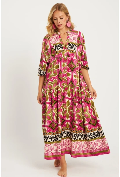 Kadın Mor Desenli Midi Elbise MGÇ169