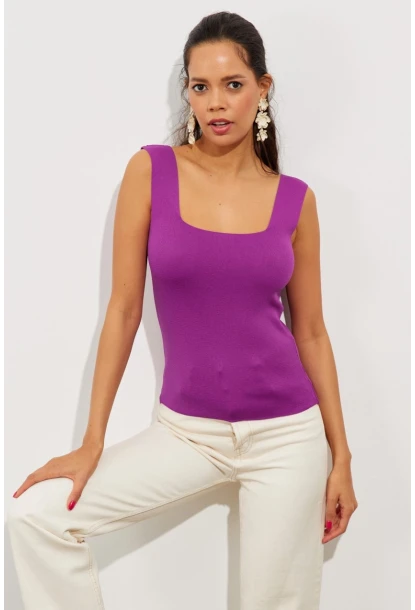 Kadın Mor Kare Yaka Triko Bluz YV87