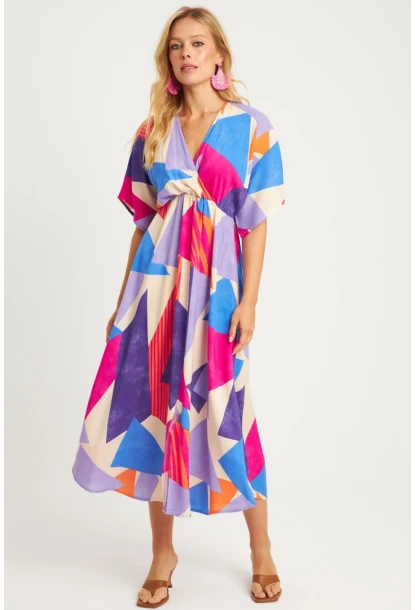 Kadın Multi Desenli Kruvaze Midi Elbise HT108