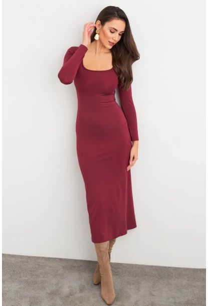 Kadın Mürdüm Kare Yaka Midi Elbise XC8102