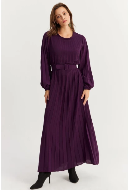 Kadın Mürdüm Kemerli Plili Maxi Elbise ALZ500