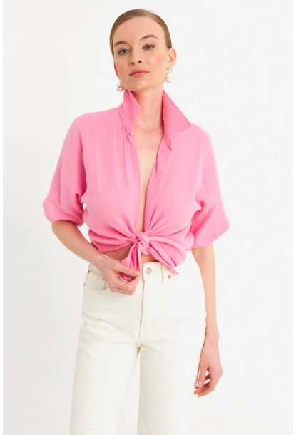 Kadın Pembe Bağlamalı Keten Bluz BTH16