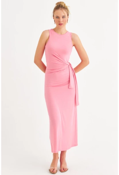 Kadın Pembe Büzgülü Kolsuz Midi Elbise TF75