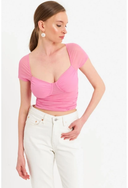 Kadın Pembe Büzgülü Tül Crop Bluz TPG04