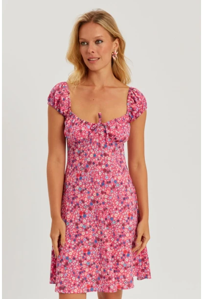 Kadın Pembe Çiçekli Mini Elbise GÇ165