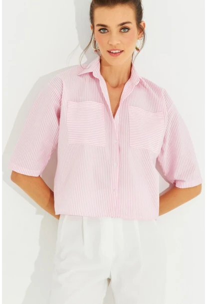 Kadın Pembe Çizgili Kısa Gömlek MİW1290