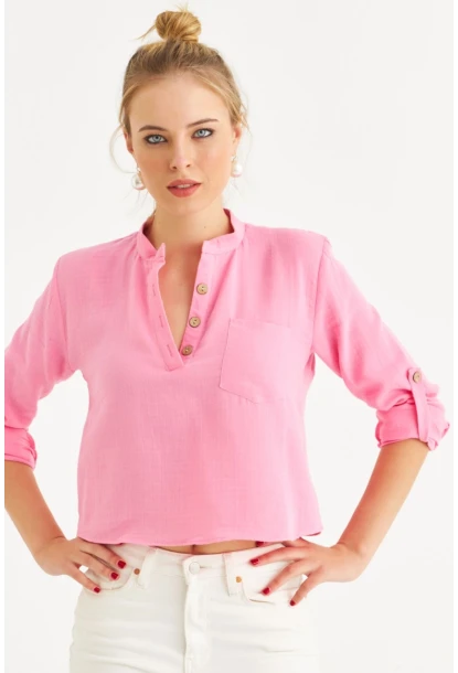 Kadın Pembe Düğmeli Keten Gömlek Bluz BTH17