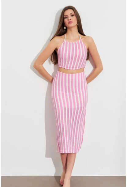 Kadın Pembe Etekli Triko Takım ROP108