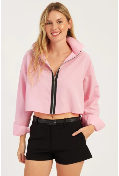 Kadın Pembe Fermuarlı Kısa Gömlek SF2541