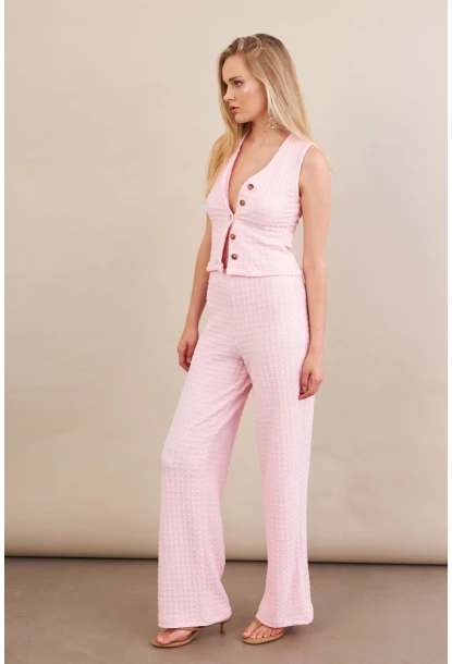 Kadın Pembe Gofre Yelek Pantalon Takım FLU330
