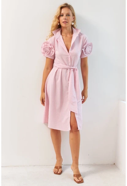 Kadın Pembe Gül Detaylı Midi Gömlek Elbise SF12812