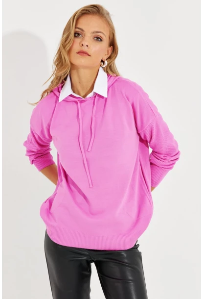 Kadın Pembe Kapüşonlu Cepli Triko Kazak YZ520