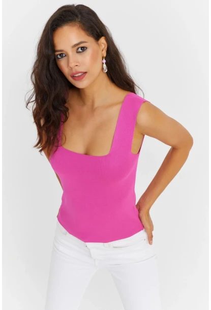 Kadın Pembe Kare Yaka Triko Bluz YV87