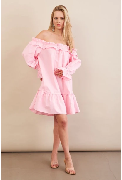 Kadın Pembe Madonna Yaka Midi Elbise PSG1012