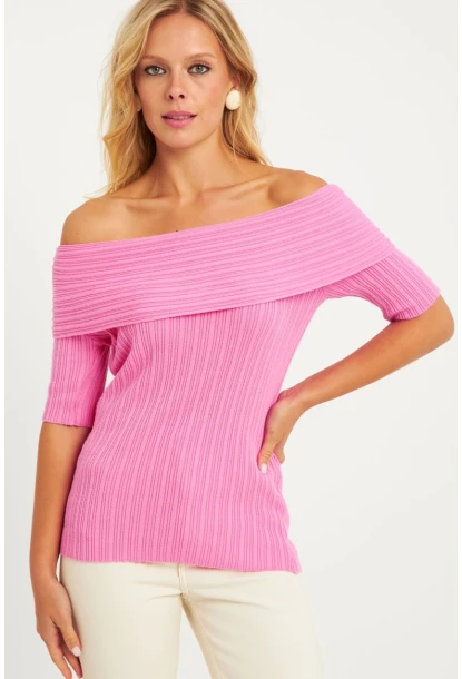 Kadın Pembe Madonna Yaka Triko Bluz KZ538