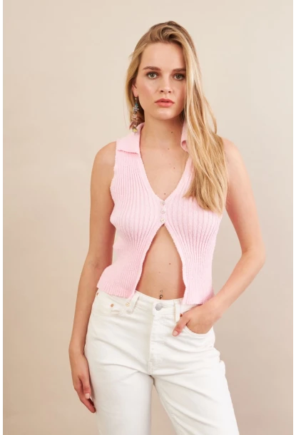 Kadın Pembe Polo Yaka Yumoş Yelek ZH050