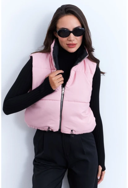 Kadın Pembe-Siyah Çift Taraflı Şişme Kısa Yelek MX12