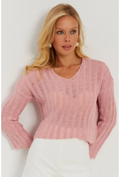 Kadın Pembe V Yaka Ajurlu Triko Bluz YV233