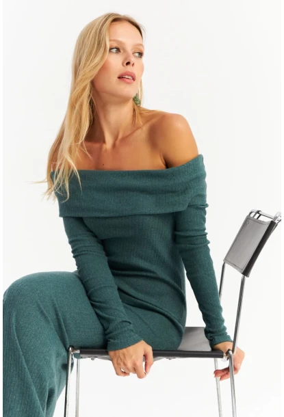 Kadın Petrol Madonna Yaka Kaşkorse Maxi Elbise HOL1