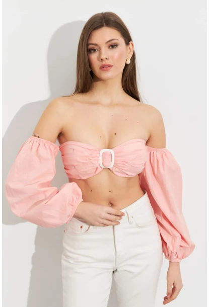 Kadın Pudra Balon Kol Crop Bluz ROP111
