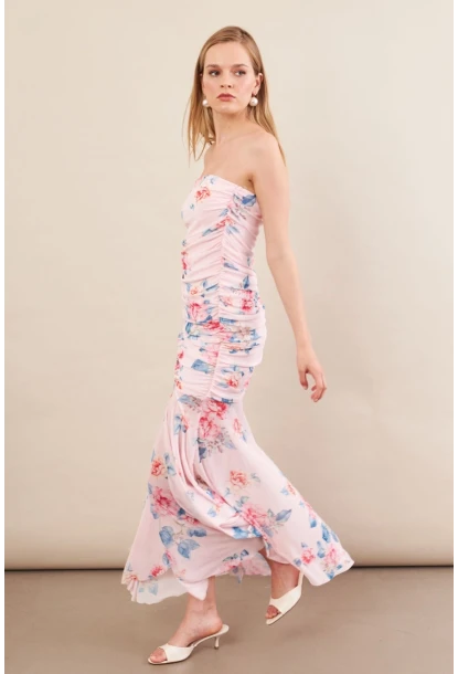 Kadın Pudra Drapeli Straplez Midi Tül Elbise ERL101