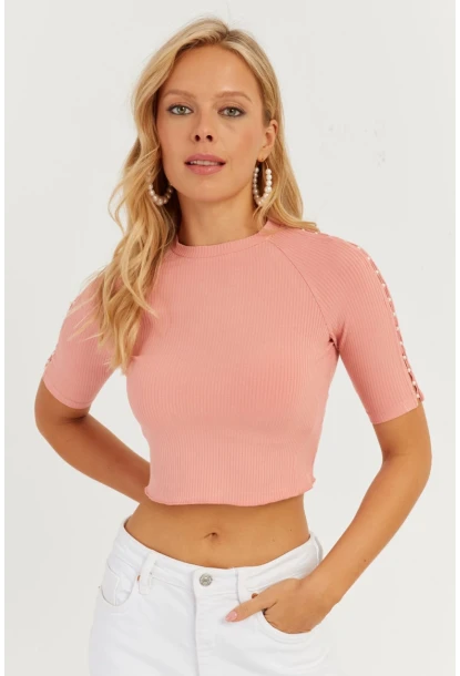 Kadın Pudra Kolları İncili Crop Bluz AYD298